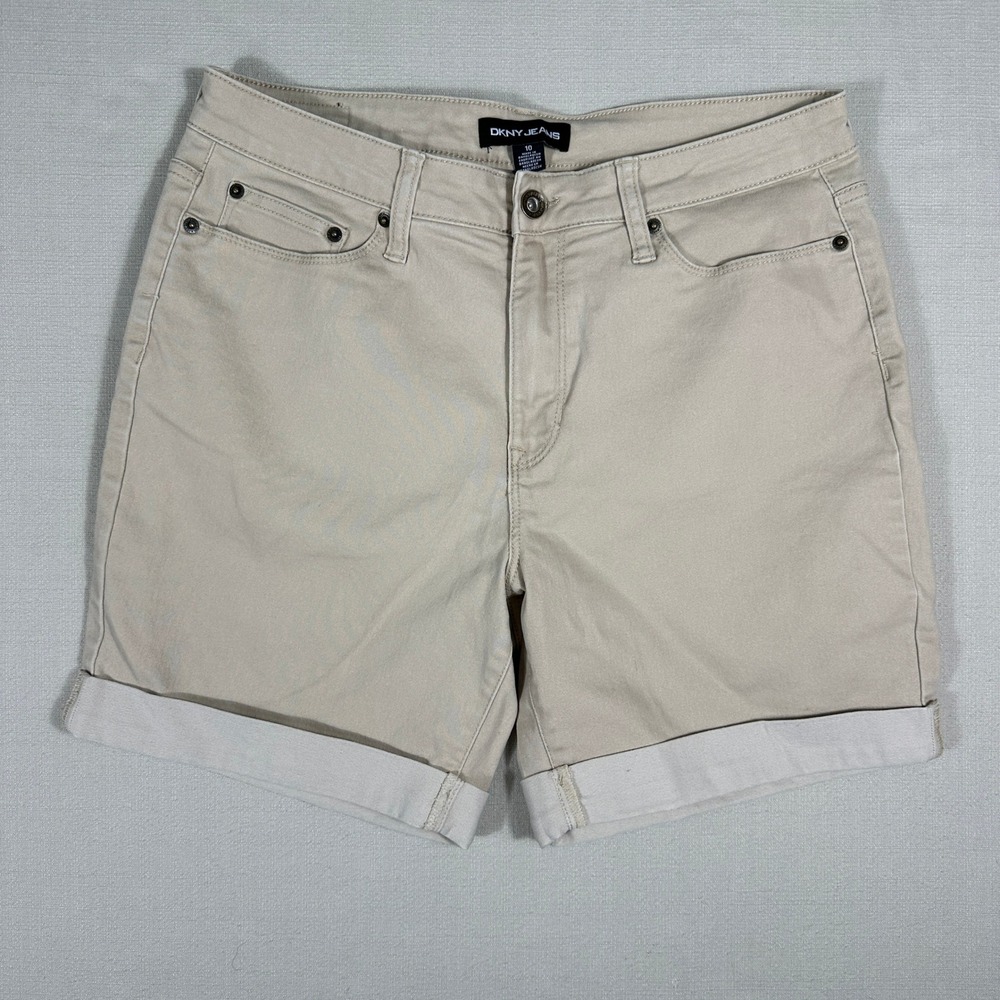 DKNY Jeans Cuffed Denim Shorts Womens 10 Tan Khaki Excellent‎ Stretch Mid Rise